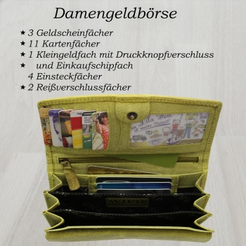 flevado Wasserbüffel Damen Geldbörse Brieftasche RFID Schutz Doppelnaht Hellgrün